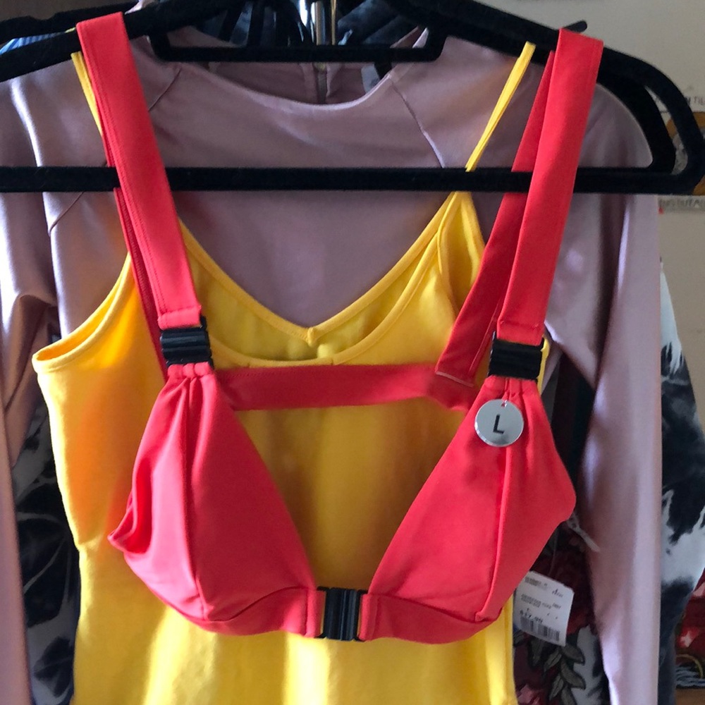 Red swim top with front buckle